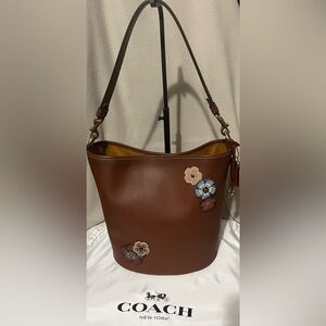 COACH Dakota Bucket Bag Leather Satchel Shoulder Bag Saddle Brown W/Tea Roses